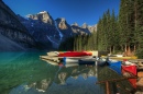 Canoes on Lake Moraine, Alberta,Canada