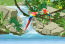 Macaw Parrots and a Waterfall in the Jungle