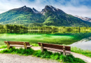 Wooden Benches on Lake Hintersee, Alps