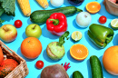 Vegetables and Fruits on a Blue Background