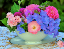 Roses and Hydrangea Flowers in Vintage Sauce Boat