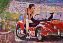 Lady with a Dog in a Retro Car