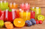 Fresh Fruit Juices on a Wooden Table