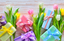 Festive Composition with Gift Boxes and Flowers