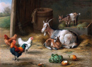 A Goat and her Kids with a Cockerel and Hens