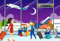 Airport Terminal with Tourists and Crews