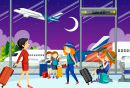 Airport Terminal with Tourists and Crews