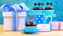 Happy Father's Day Close of Gifts, Cupcakes and Coffee On Table.