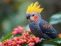 Gang-Gang Cockatoo on a Branch with a Pink Flower