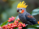 Gang-Gang Cockatoo on a Branch with a Pink Flower