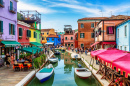 Colorful Houses with Boats in Burano Island, Italy