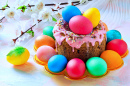 Traditional Orthodox Easter Cake and Painted Eggs