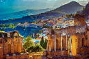 Ruins of the Theatre in Taormina at Sunset, Sicily