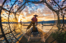Intha Fishermen on Inle Lake at Sunset, Myanmar